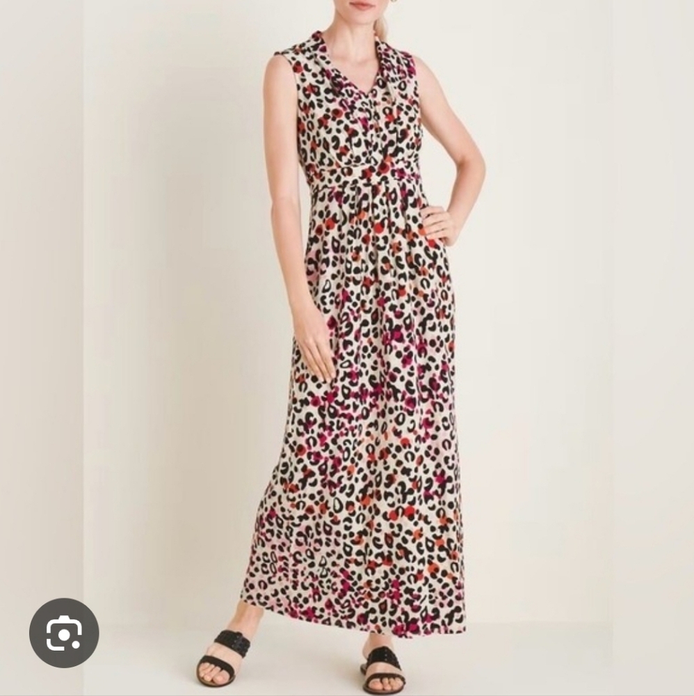 Chico's Cream Maxi Dress with Pink, Orange & Black Leopard Print
